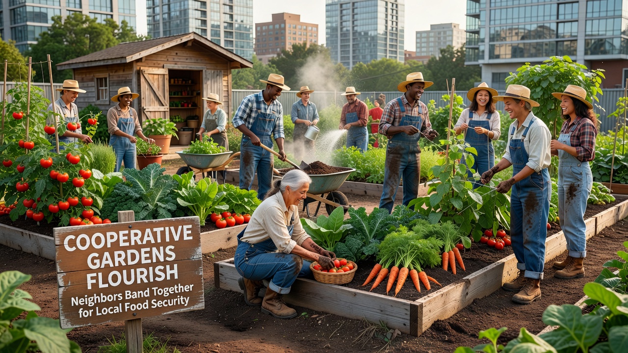 Close-up of harvested vegetables arranged on a communal table with gardeners sorting produce