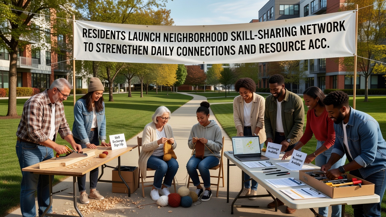 A group of residents demonstrates cooking techniques and shares gardening tips during a weekend skill circle in a shared outdoor space