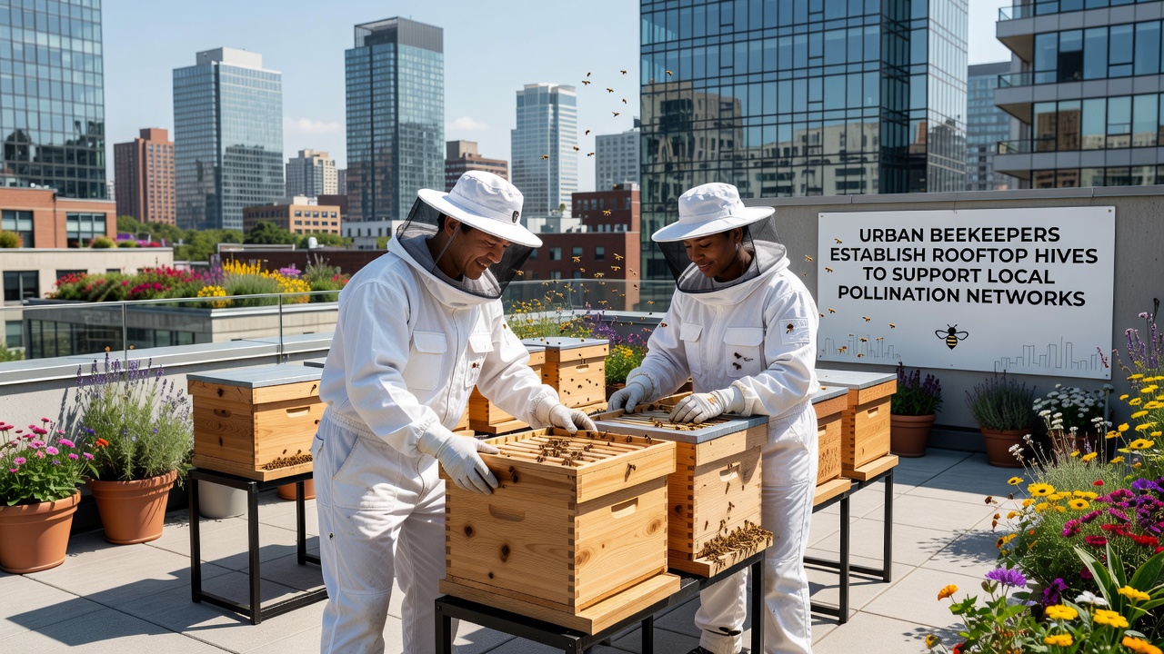 Close-up view of bees entering a rooftop hive box with city skyline in background